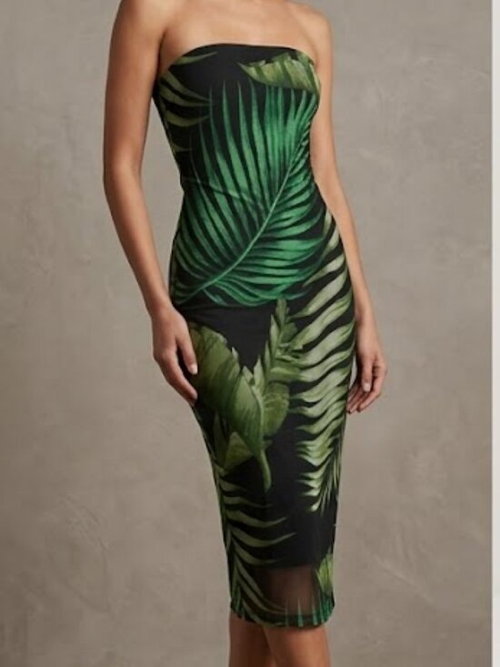 Windsor Dresses & Skirts - Windsor Tropical Palm Print Strapless Mesh Bodycon Midi Dress - Size S